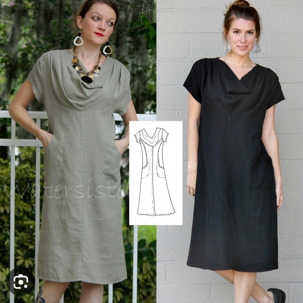 Mosaic 720 100% Linen Cowl Neck Midi Dress with Pockets Boho Festival Langelook